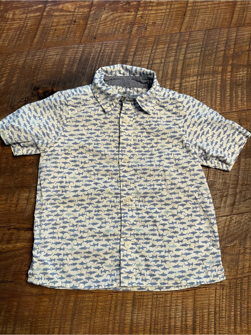 Boys' Short-Sleeve Button-Up Shirt in Light Blue Shark Print